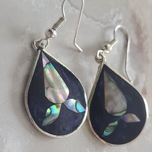 Elegant Abalone Black and Alpaca Silver Teardrop Earrings MEXICO